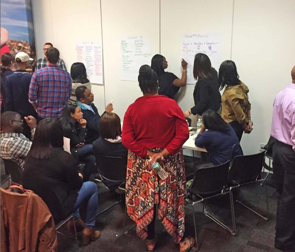 A group of approximately fifteen people are gathered in a room, engaged in a brainstorming or workshop session, with several individuals writing on whiteboards while others observe or participate from their seats.
